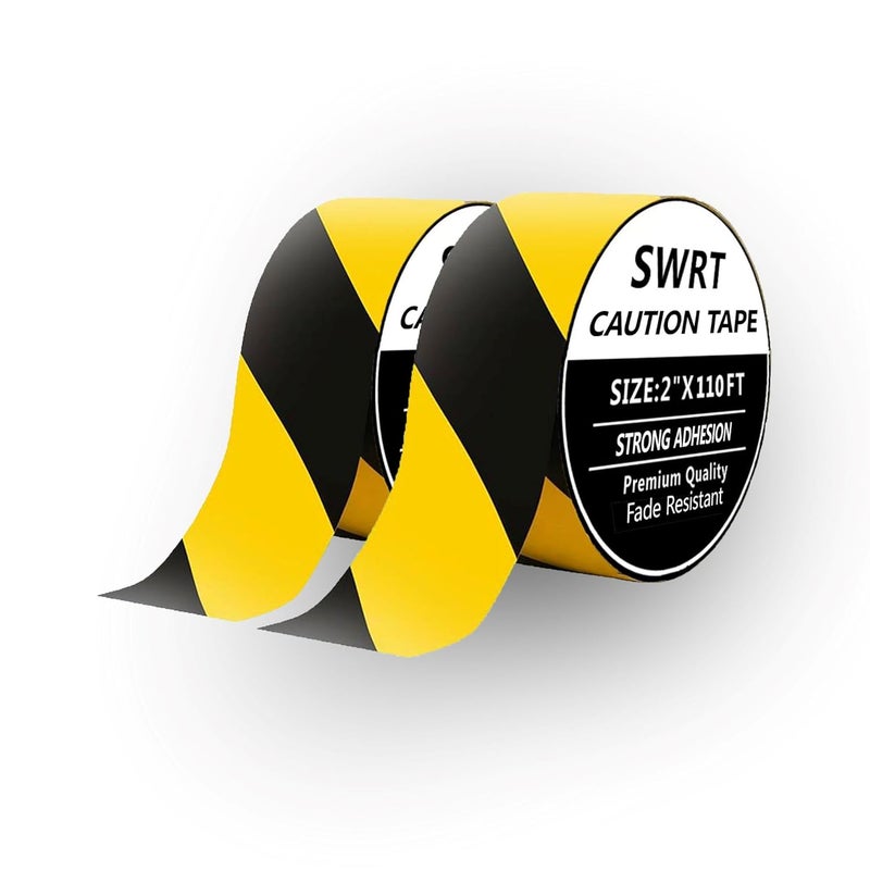 SWRT 2 Roll 2 Inch x 110FT Black & Yellow Hazard Tape Warning Safety Stripe Tape for Floor Marking, Strong Adhesive Wear Resistance Warterproof Caution Tape Roll Ideal for Walls, Floors(2 Roll) - Image 1